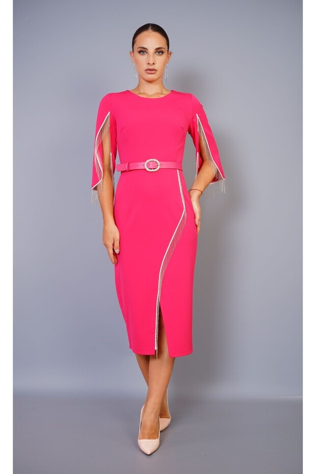 CHAIN DETAIL, BELTED DAILY EVENING DRESS STYLISH, SPECIAL DESIGN DRESS