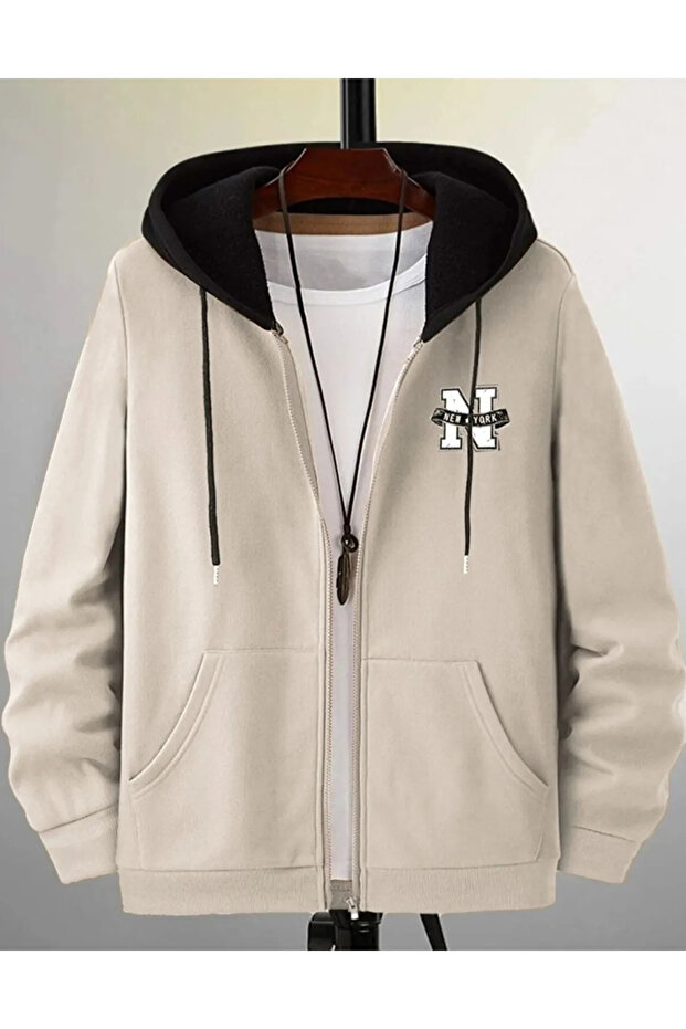 Men's Piece Color Beige New York Printed Hooded Zipper Cardigan