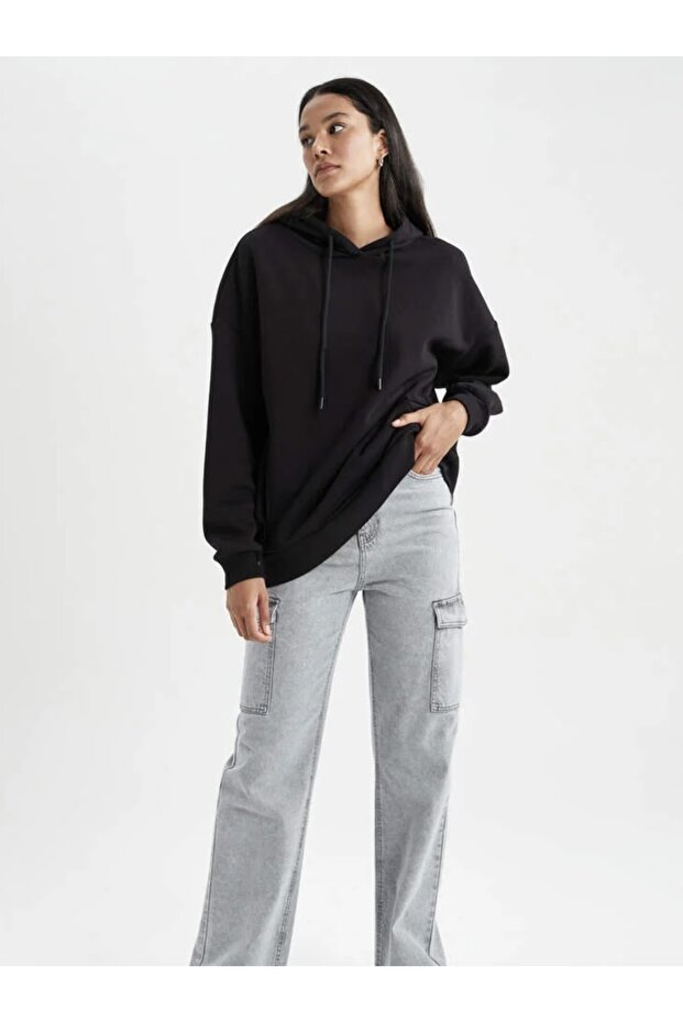 Oversize Basic Kapüşonlu Sweatshirt - 2