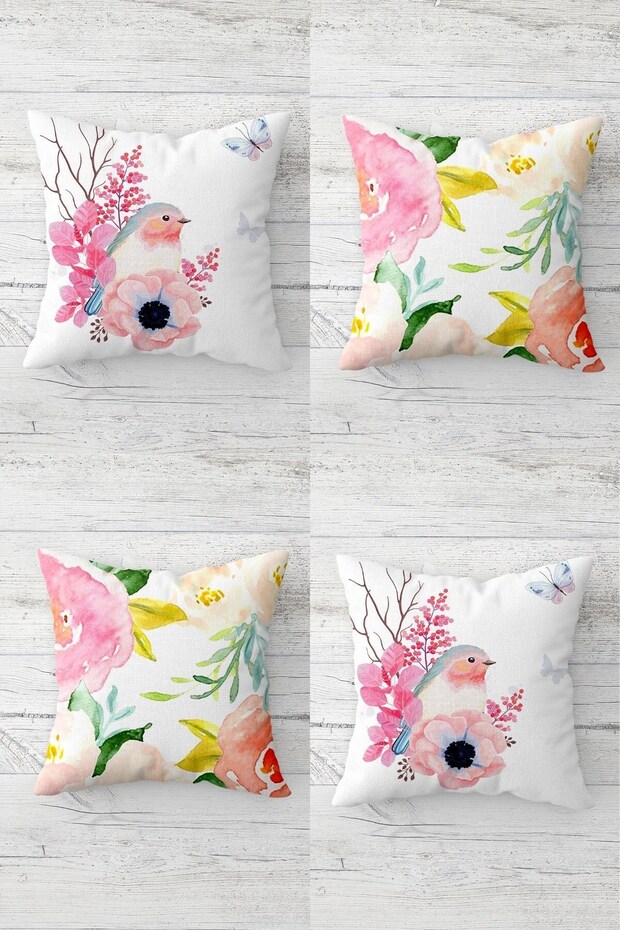 Sakura Watercolor Flowers and Birds Concealed Zippered Throw Pillow Cover Sofa Pillow Cover Set(4PCS)