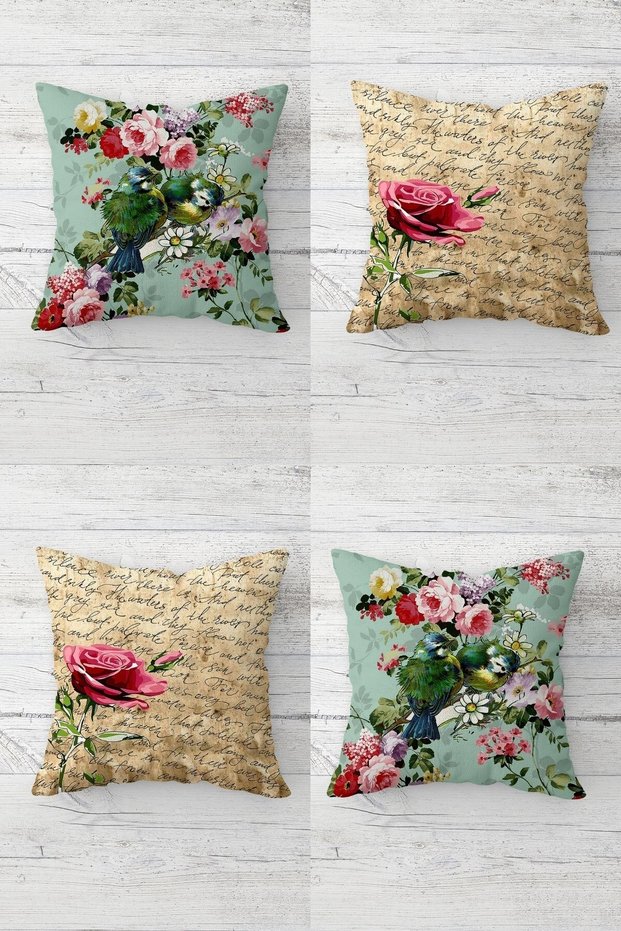Birds on the Branch and Vintage Letter Concealed Zippered Throw Pillow Cover Seat Pillow Cover Set(4PCS)