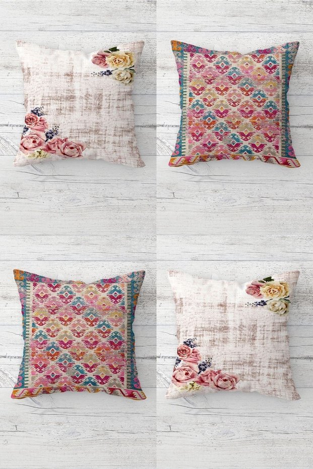 Vintage Roses and Ethnic Rug Pattern Concealed Zippered Throw Pillow Cover Seat Pillow Case Set (4 PCS)