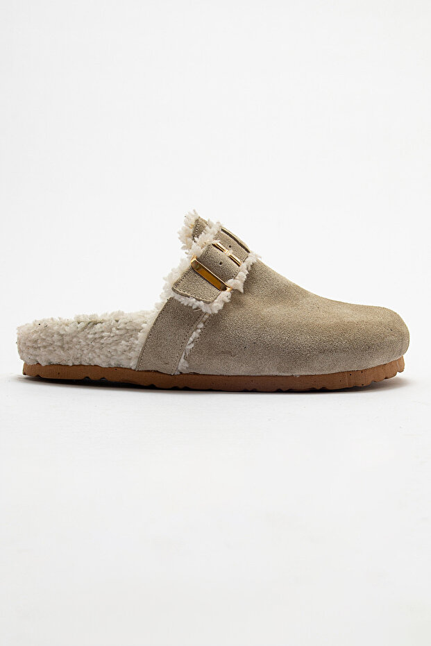 Elodia Women's Furry Leather Slippers Beige Suede