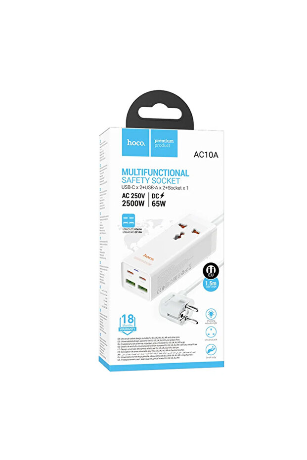 AC10A Barry 65W 2 Type-C + 2 USB+Priz Multifonksiyonel Şarj Aleti BEYAZ - 4