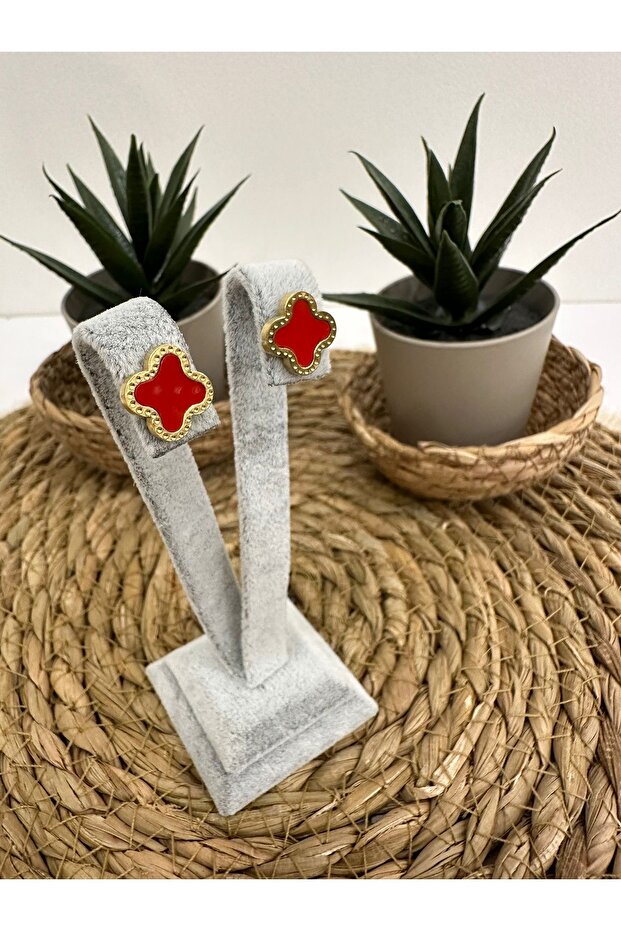 Van Cleef Basic Steel Red Clover Earrings