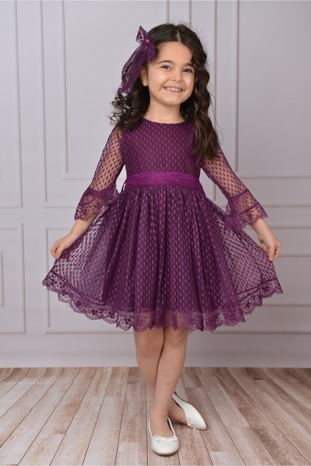 Girls' Buckled Dress Girls' Dress Tulle Lace Dress