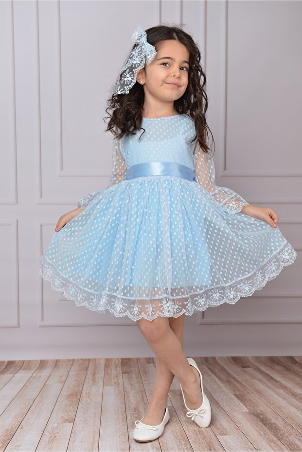 Girls' Buckled Dress Girls' Dress Tulle Lace Dress