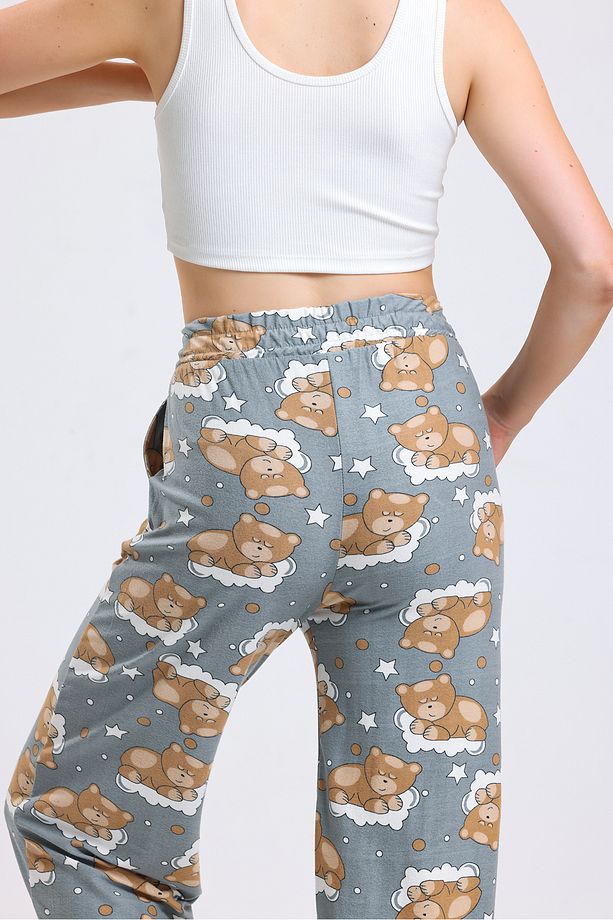 Kadın Yüksek Bel Uyuyan Ayı Desenli Yumoş Kumaş Pijama Altı - 8