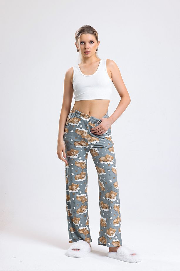 Kadın Yüksek Bel Uyuyan Ayı Desenli Yumoş Kumaş Pijama Altı - 3