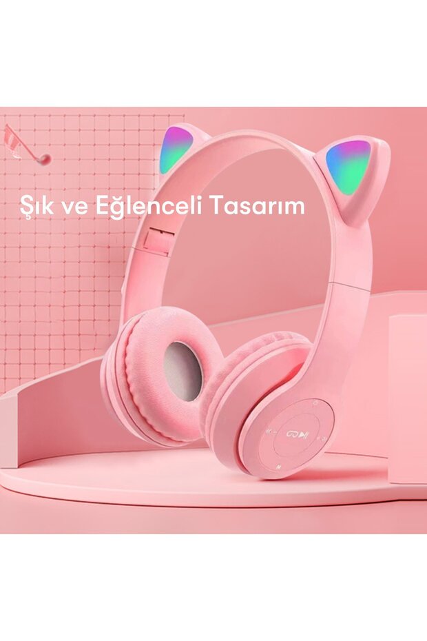 Kablosuz Bluetooth 5.0 Led Işıklı Kedili Şık Kulaklık Hediye Çocuk Oyuncu - 4