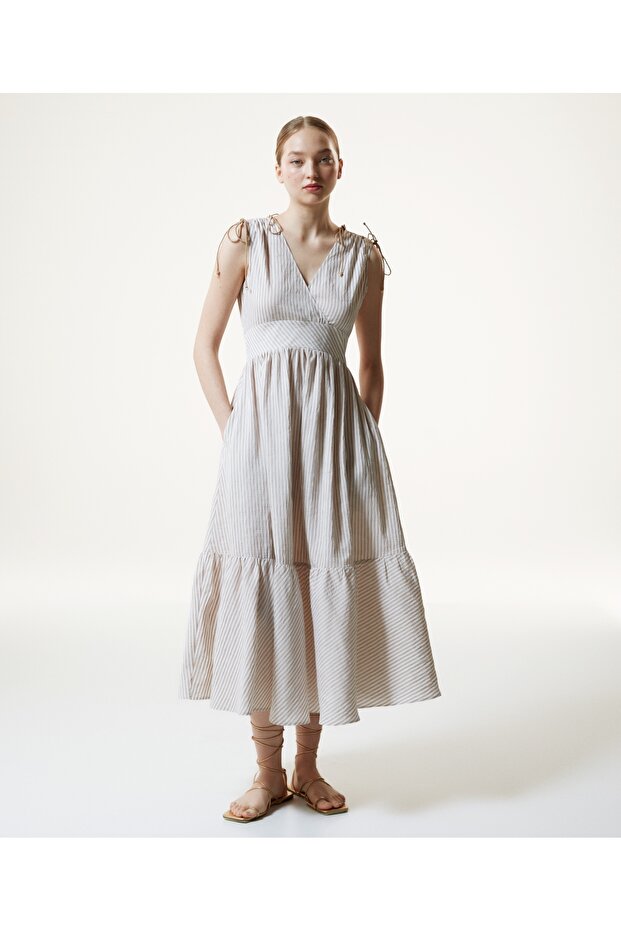 Çizgi Desen V Yaka Elbise - 1