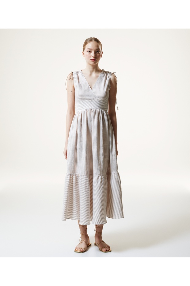 Çizgi Desen V Yaka Elbise - 3