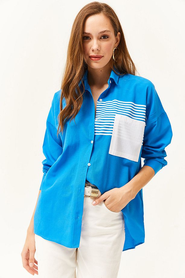 Kadın Saks Mavi Cep Detaylı Oversize Dokuma Gömlek GML-19000978 - 5