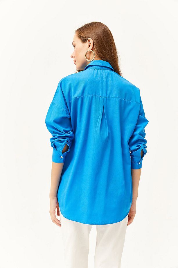 Kadın Saks Mavi Cep Detaylı Oversize Dokuma Gömlek GML-19000978 - 6