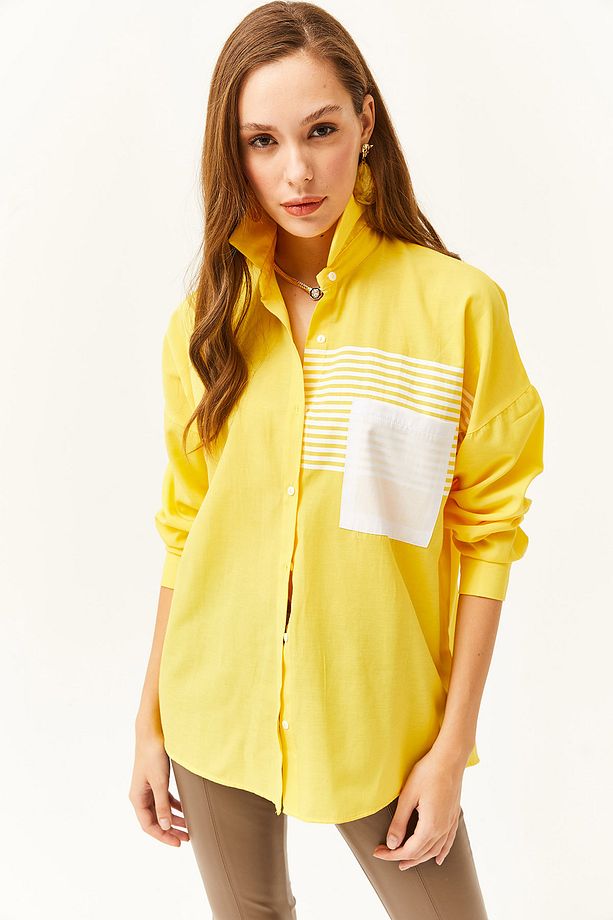 Kadın Sarı Cep Detaylı Oversize Dokuma Gömlek GML-19000978 - 2