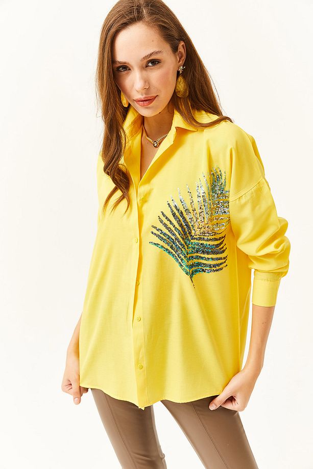 Kadın Sarı Palmiye Pul Detaylı Oversize Dokuma Poplin Gömlek GML-19001016 - 3