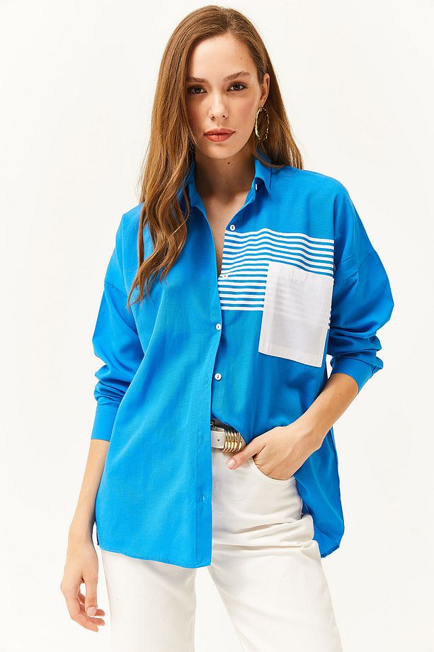 Kadın Saks Mavi Cep Detaylı Oversize Dokuma Gömlek GML-19000978 - 2