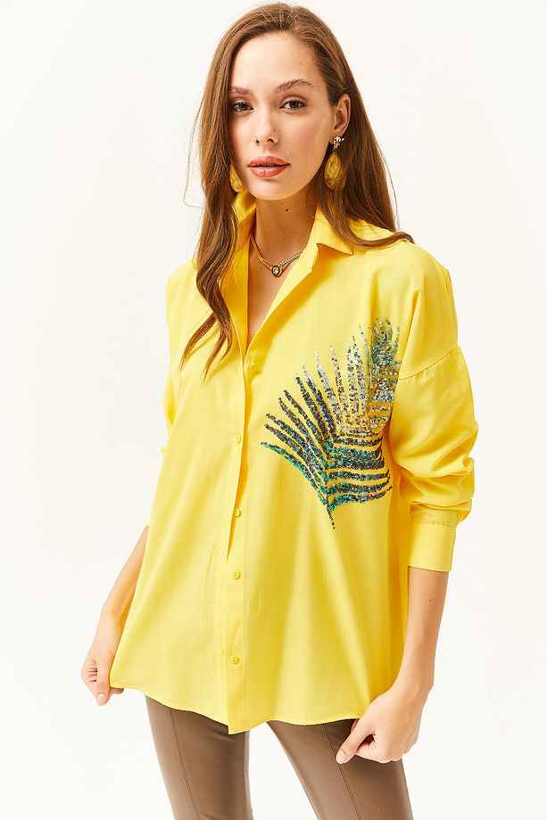 Kadın Sarı Palmiye Pul Detaylı Oversize Dokuma Poplin Gömlek GML-19001016 - 2