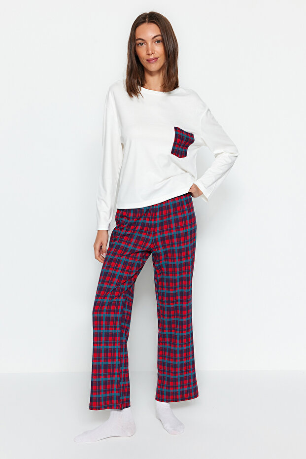 Beyaz %100 Pamuklu Ekoseli Cep Detaylı Örme Pijama Takımı THMAW24PT00228 - 2