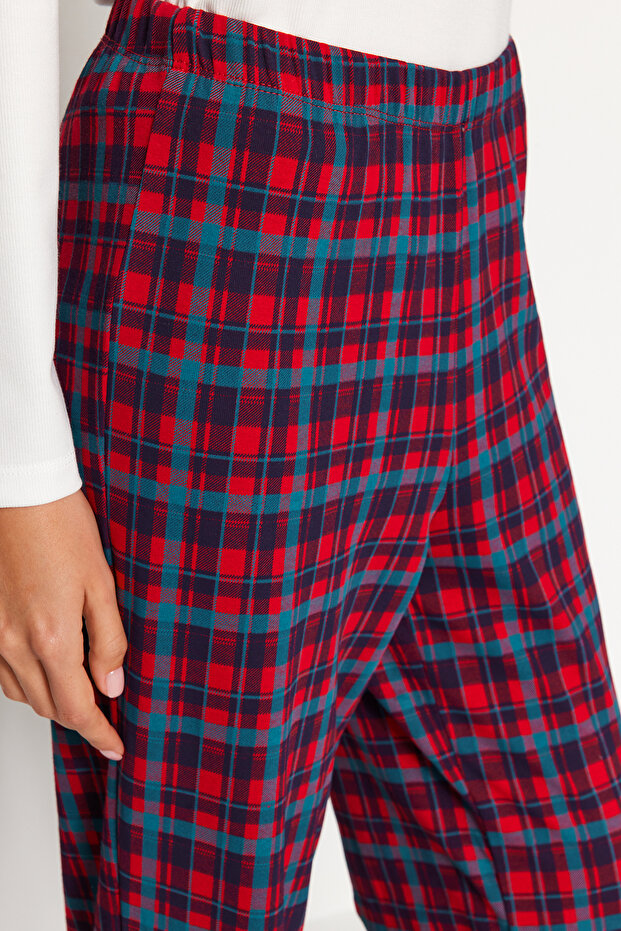 Beyaz %100 Pamuklu Ekoseli Cep Detaylı Örme Pijama Takımı THMAW24PT00228 - 9