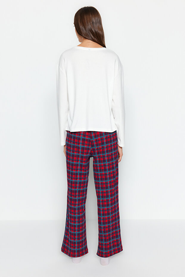 Beyaz %100 Pamuklu Ekoseli Cep Detaylı Örme Pijama Takımı THMAW24PT00228 - 6