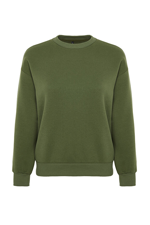 Haki Kalın İçi Polarlı Regular/Normal Kalıp Bisiklet Yaka Basic Örme Sweatshirt TWOAW24SW00101 - 7