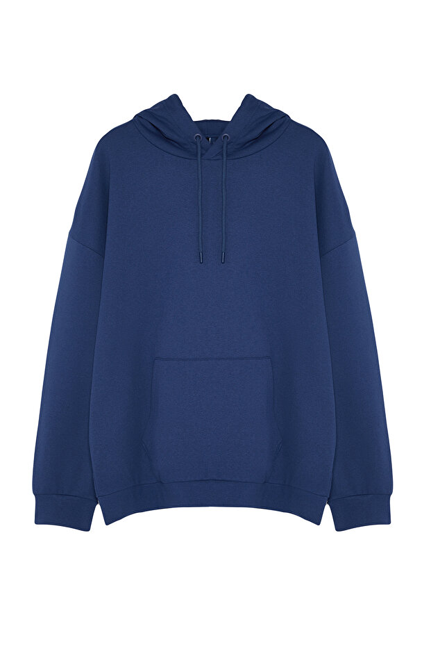 Lacivert Büyük Beden apüşonlu Oversize/Geniş Kesim İçi Polar/Sıcak Tutan Sweatshirt TMNAW24AO00013 - 6