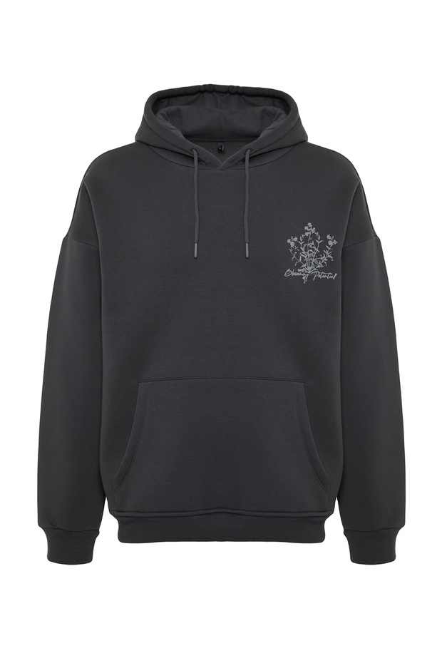 Antrasit Oversize/Geniş Kesim Kapüşonlu Çiçek Baskı İçi Polar/Sıcak Tutan Sweatshirt TMNAW24SW00100 - 6