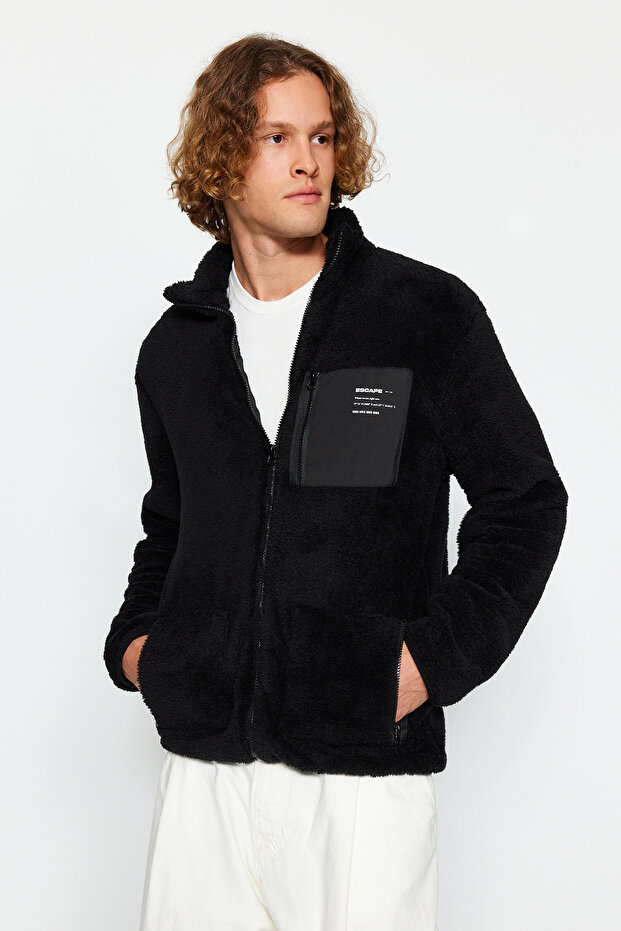 Siyah Unisex Regular/Normal Kesim Dik Yaka Fermuarlı Peluş Hırka-Sweatshirt TMNAW24SW00089 - 3