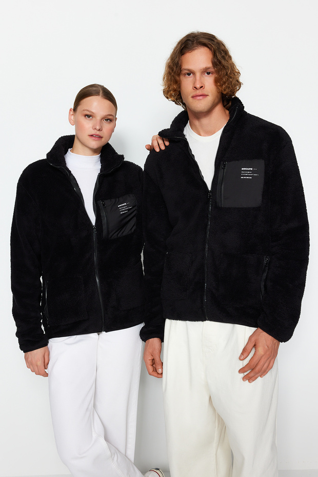 Siyah Unisex Regular/Normal Kesim Dik Yaka Fermuarlı Peluş Hırka-Sweatshirt TMNAW24SW00089 - 2