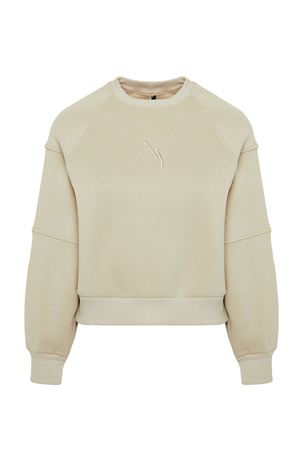 Kamienny dekolt w serek Regularny krój haftowany gruby polar wewnątrz bluza z dzianiny TWOAW24SW00199 - 5