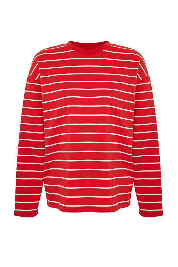 Kırmızı Çizgili Oversize/Geniş Kesim Bisiklet Yaka İnce Örme Sweatshirt TWOAW23SW00326 - 9