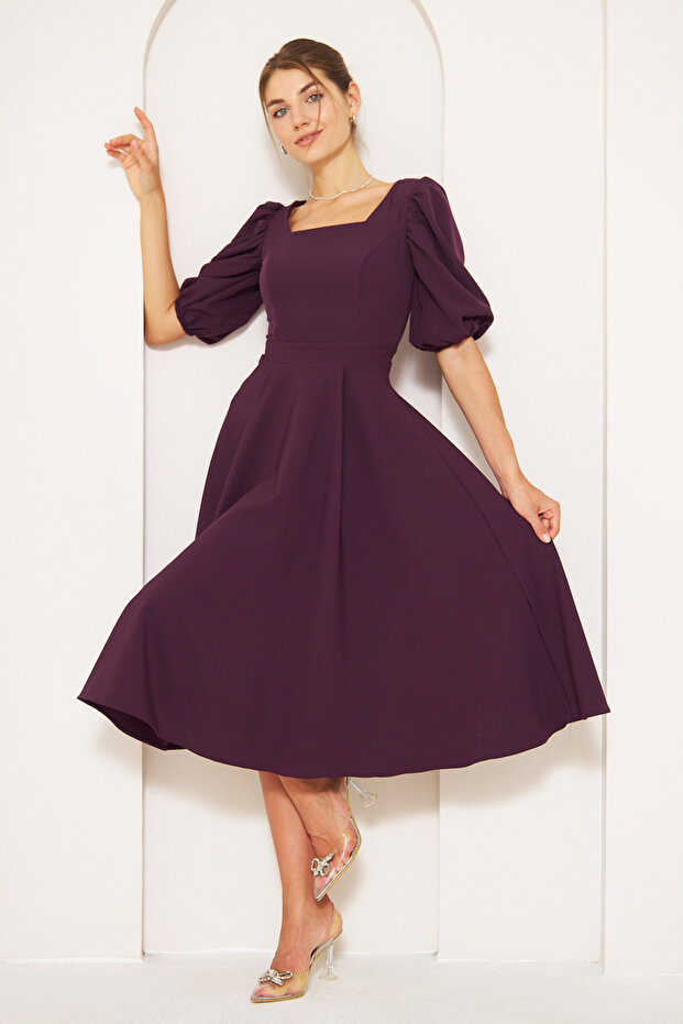 Rugalmas szövet négyzet alakú, rövid ujjú Midi hosszúságú, kiszélesedő, nagyméretű szilva estélyi ruha 420 - 8