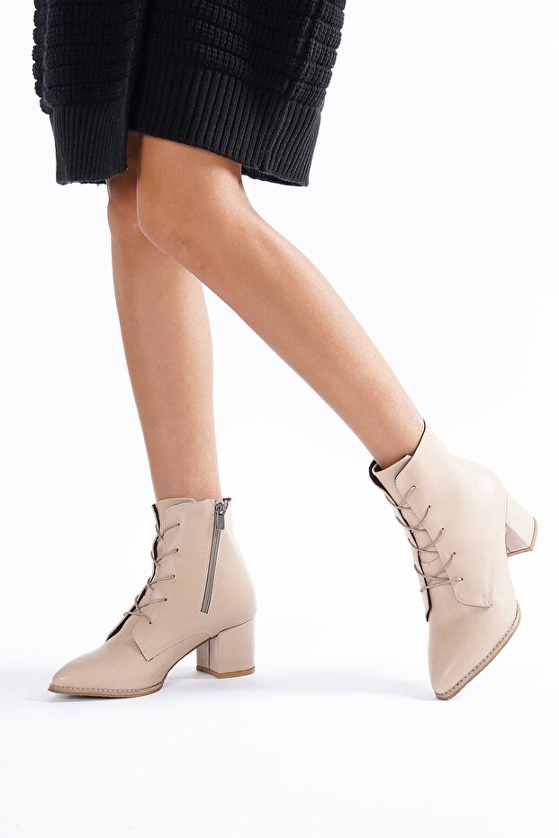 Lace-up Pointed Nude Heeled Boots