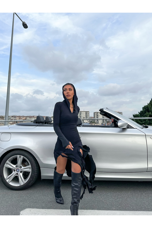 Özel Tasarım Ruffle Kapüşonlu Elbise - 5