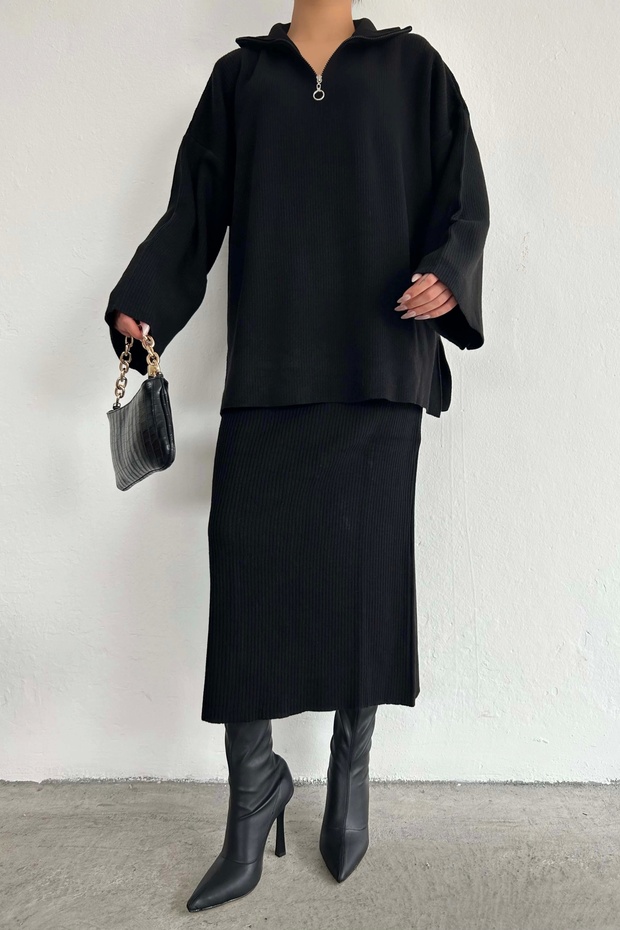 Women's Black Zipper Detail Corduroy Skirt Set 1014-3099