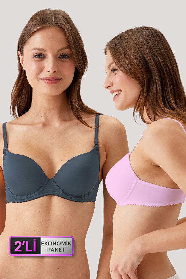 حزمة اقتصادية مكونة من قطعتين 6805 Oطقم حمالة صدر صغيرة من Pink Anthracite Underwire Push Up (مع حزام قابل للإزالة)