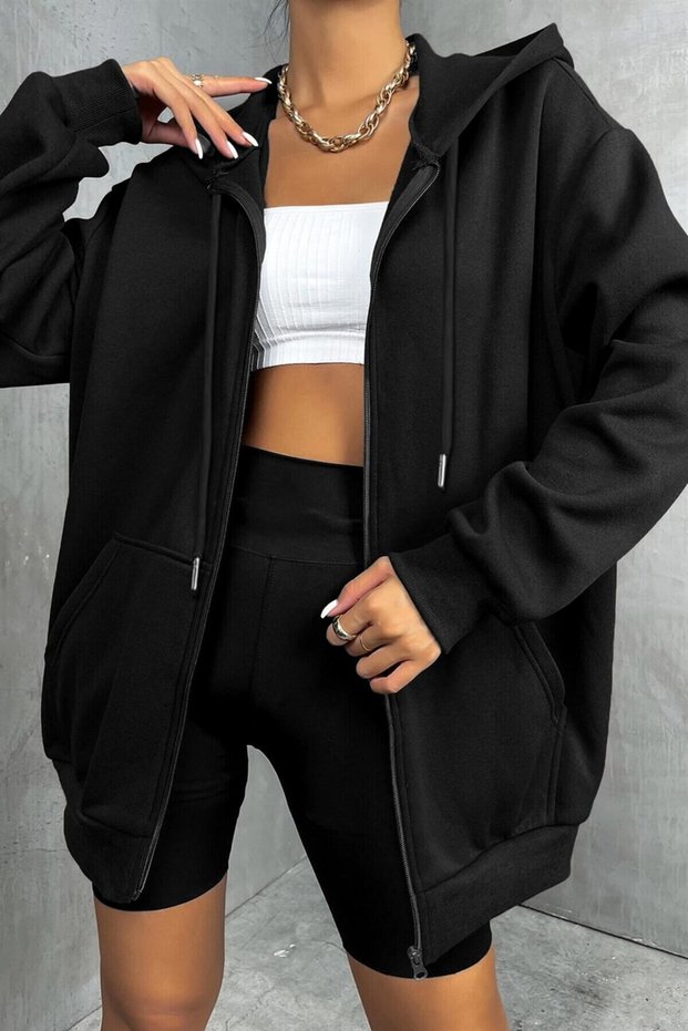 Women's Black Hooded Zippered 3-Thread Fleece Kangaroo Oversized Loose Sweatshirt.