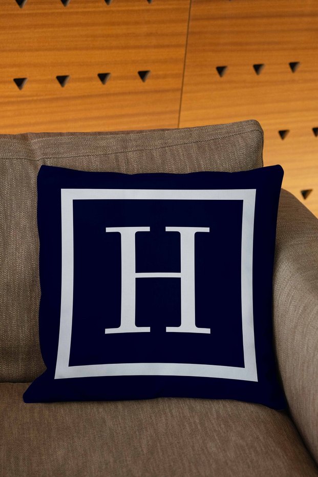 Navy Blue White Colored Letter Digital Printed Throw Pillow Cover