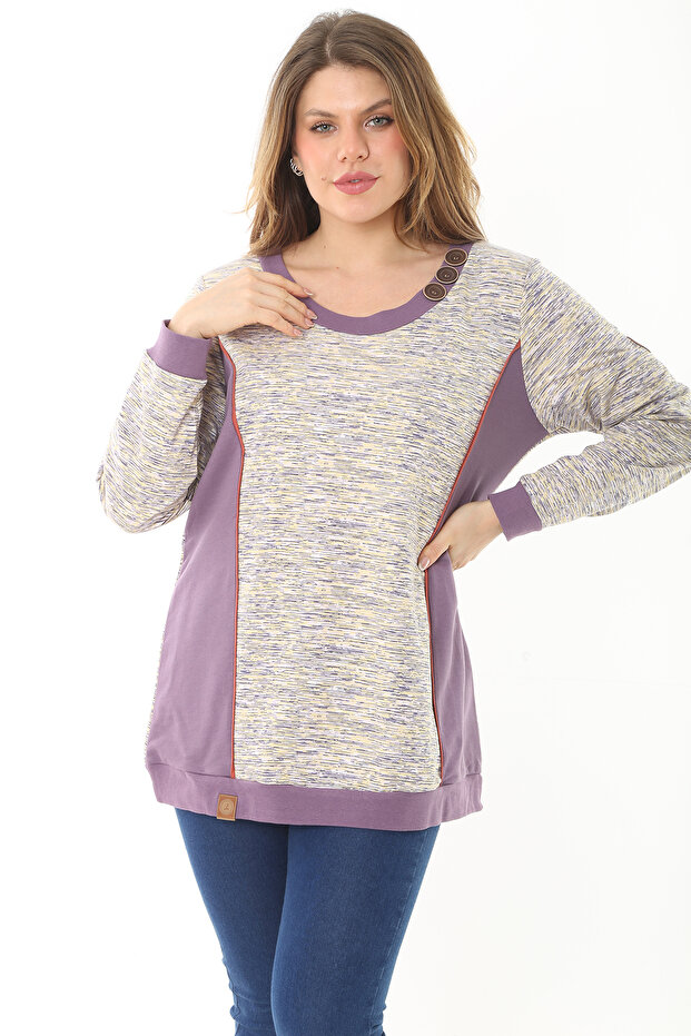Women's Large Size Purple Ornamental Button and Cup Detailed Sweatshirt 65N37121