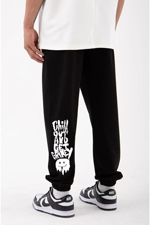 Unisex Slimfit Black Elasticized Chill Out Printed Sweatpants