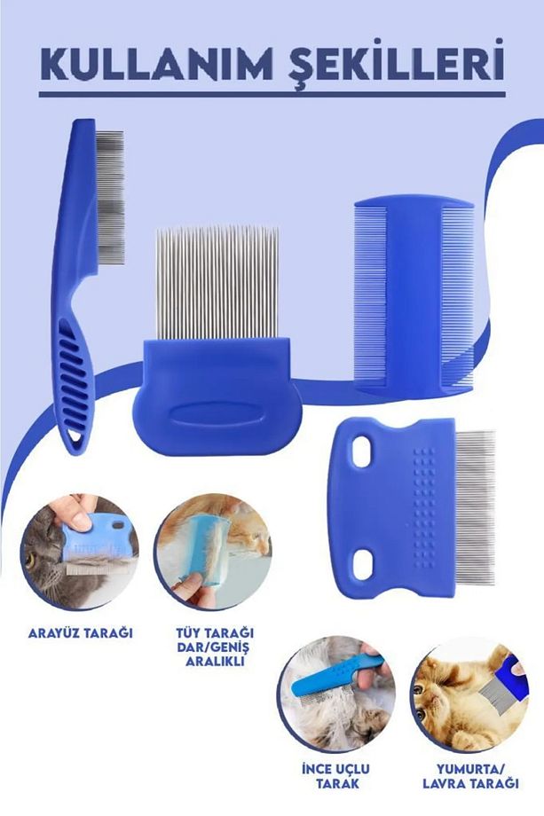 Bit Pire Tarağı Set 4'lü Kedi Köpek Bit Tarak Seti Mavi - 4