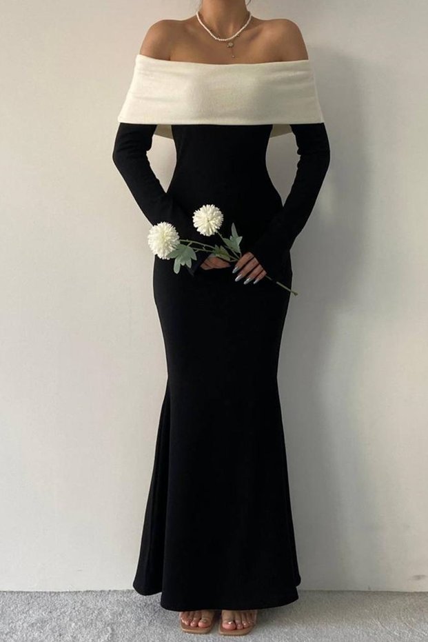 Stretchy Knitwear Fabric Carmen Collar Design Pencil Cut Long Sleeve Black White Maxi Dress 181