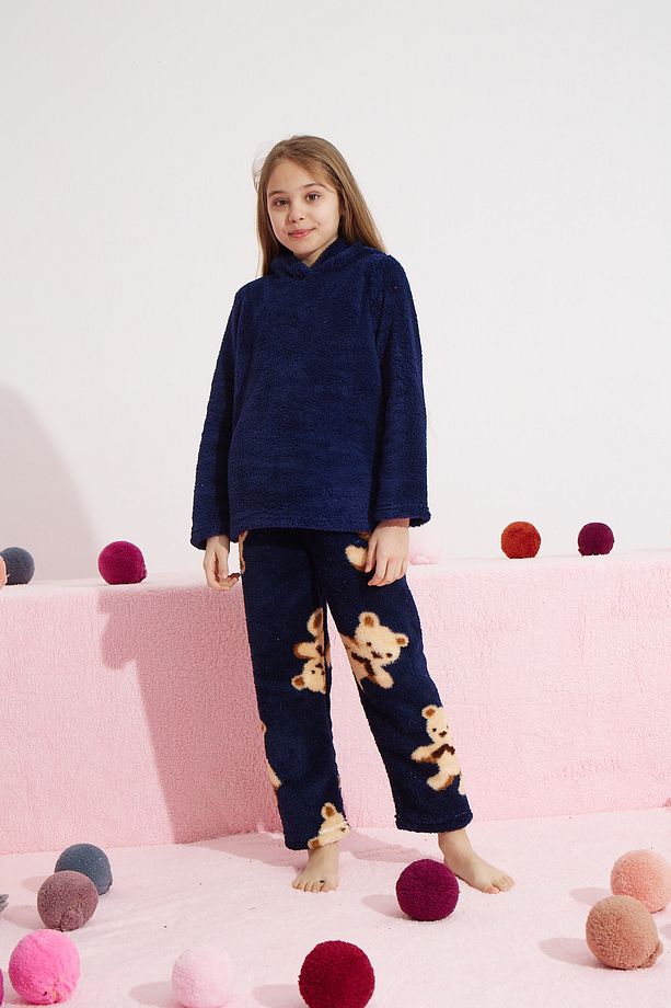 lacivert Alt-Üst Wellsoft Kapişonlu Pijama Takım - 3