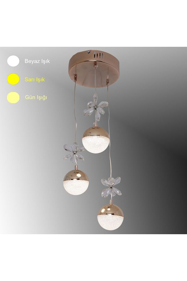 TT033-3-FSR TT Aydınlatma Kelebek Toplu Model Fransız Sarısı Kaplama 3 lü 3 Renk Modüllü Ledli Avize - 1