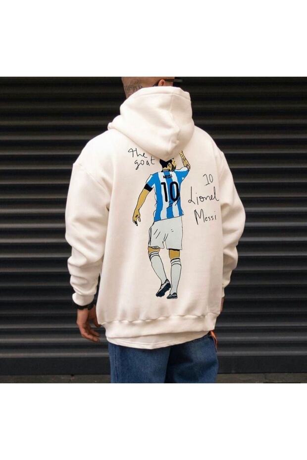 Men's Ecru Messi Printed Oversize Hooded Sweatshirt benisengiydirmessiseat