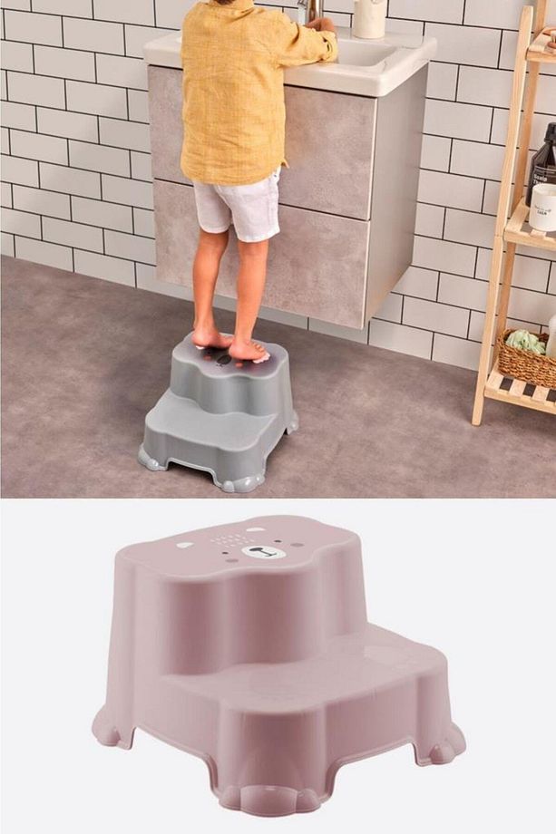 Kaydırmaz Çocuk Taburesi - Çift Basamaklı Banyo Lavabo Merdiven Yükseltici Bebek Basamağı Pembe - 3