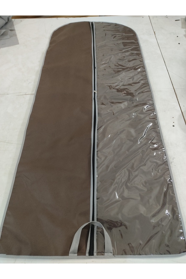 Protective cover for evening dresses, long length dress carrier, transparent window 64x160 cm, BROWN