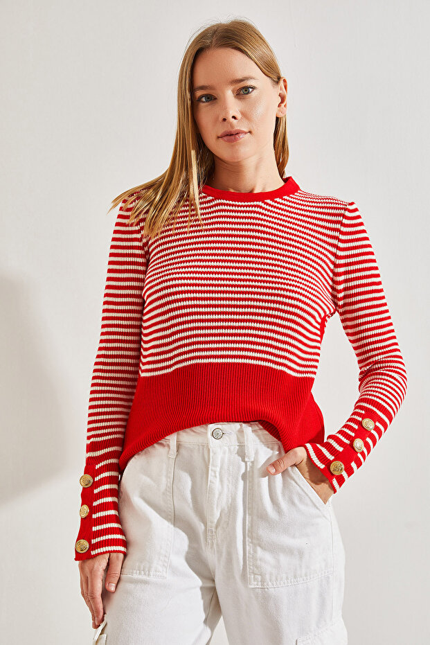 Damski sweter z dzianiny w paski, zapinany na guziki - 3