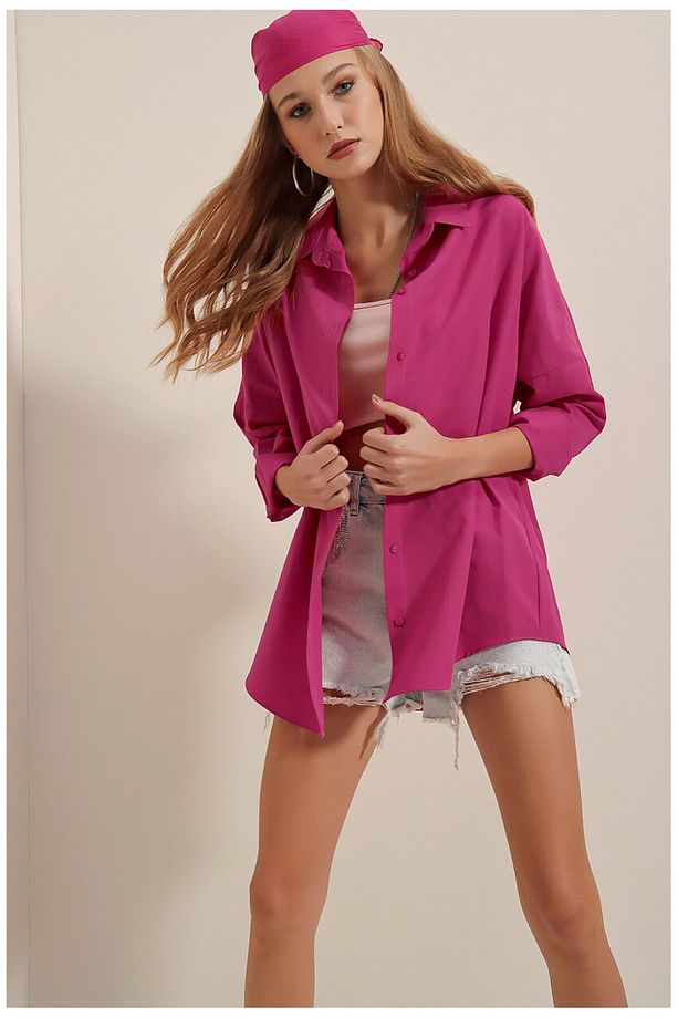 Gömlek-Kadın Oversize Uzun Basic Gömlek - 5